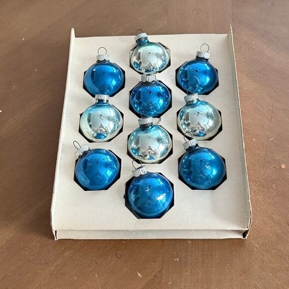 Max Eckardt Shiny Brite Christmas Ornaments 2” Glass 10 Blue Silver Holiday USA - Picture 7 of 12